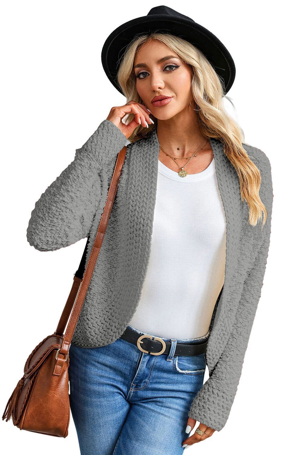 Apricot Popcorn Knit Open Front Cardigan - Vesteeto