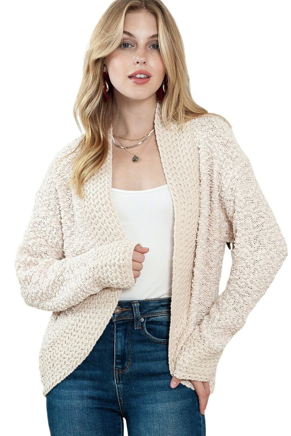 Apricot Popcorn Knit Open Front Cardigan - Vesteeto