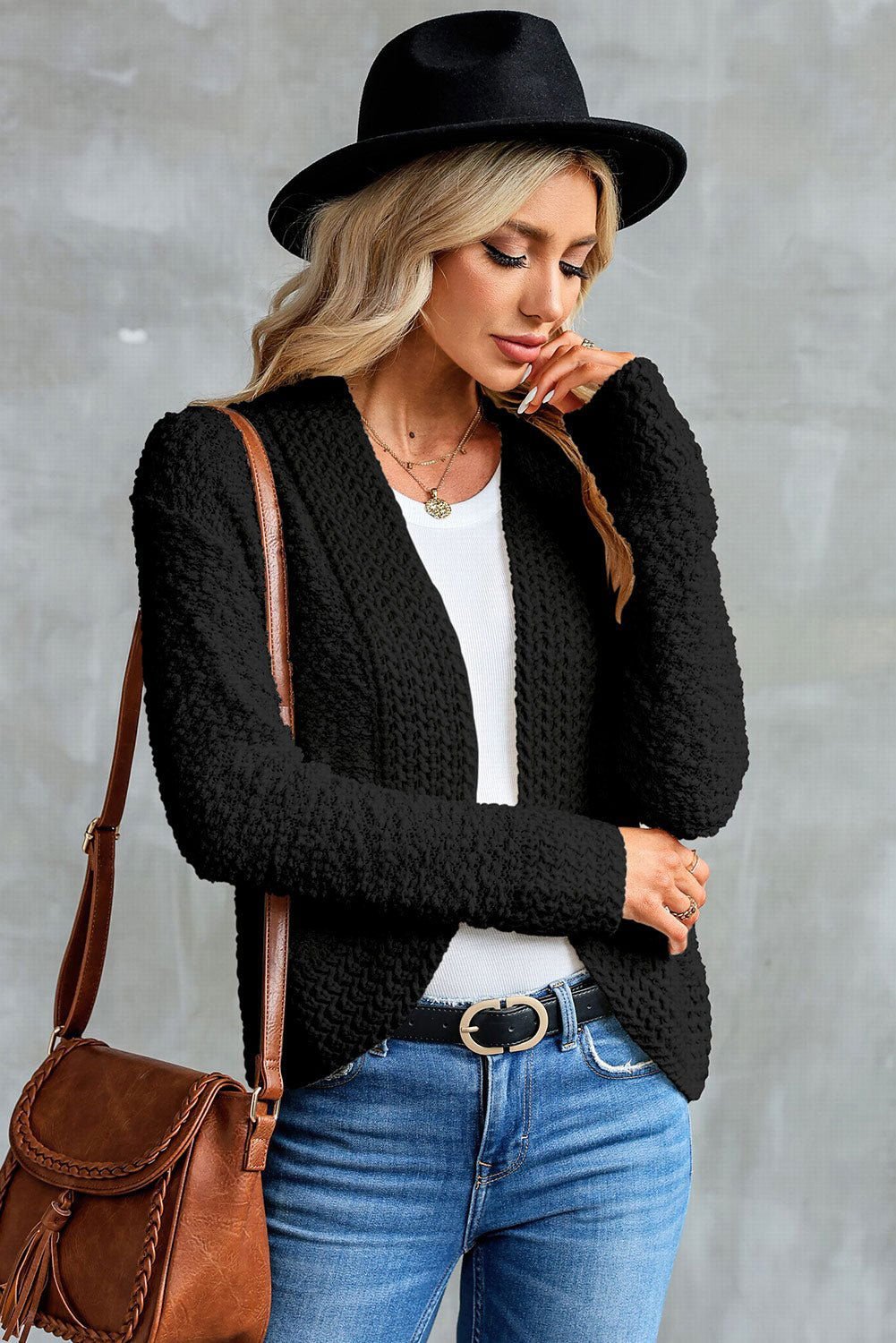 Apricot Popcorn Knit Open Front Cardigan - Vesteeto