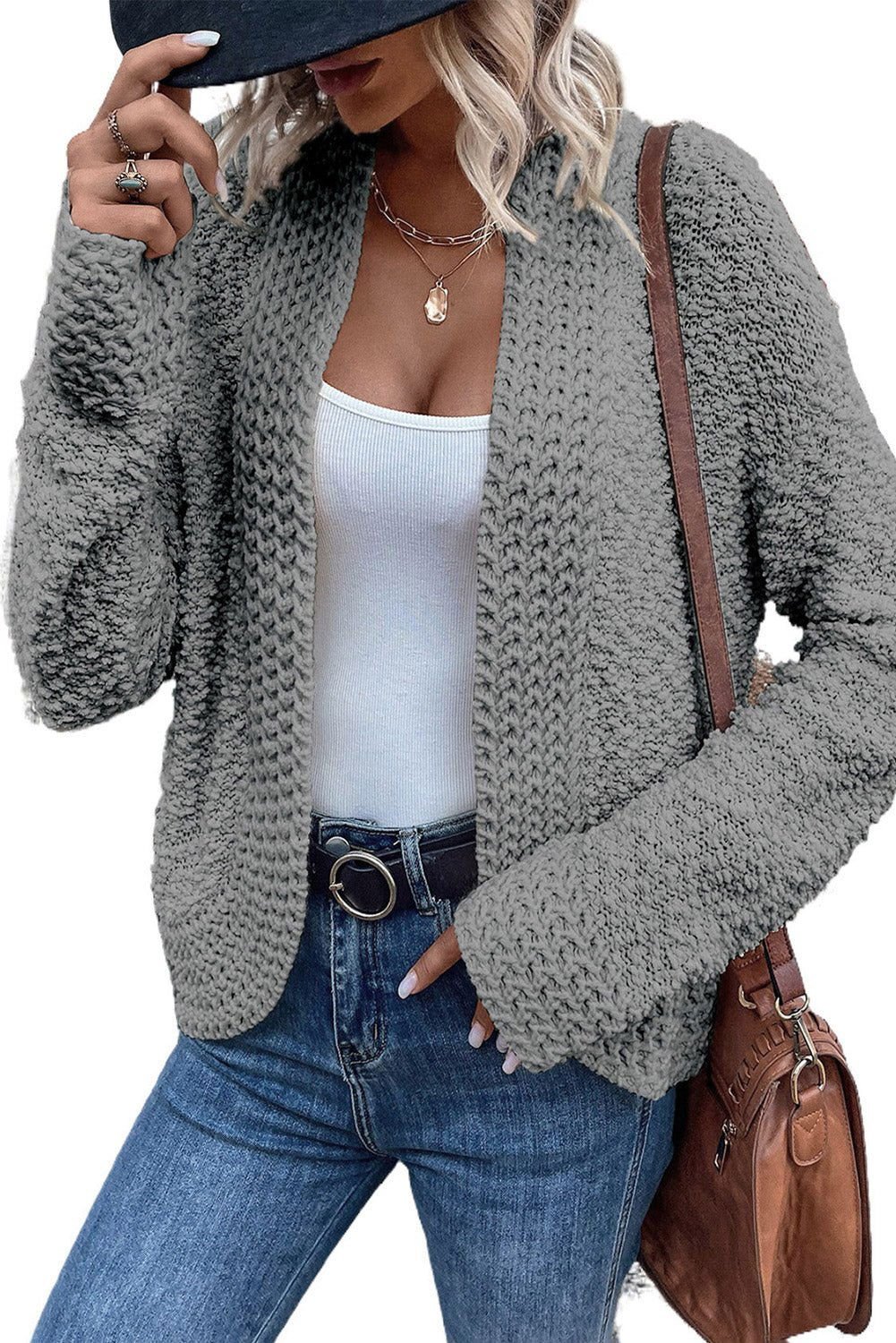 Apricot Popcorn Knit Open Front Cardigan - Vesteeto