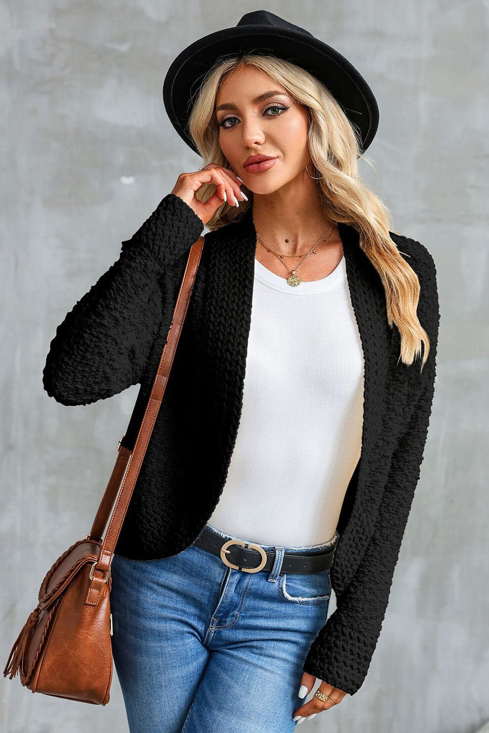 Apricot Popcorn Knit Open Front Cardigan - Vesteeto