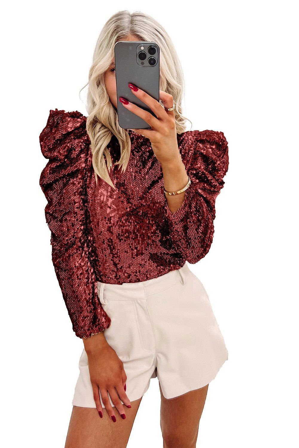 Apricot Sequin Mock Neck Ruched Puff Sleeve Top - Vesteeto