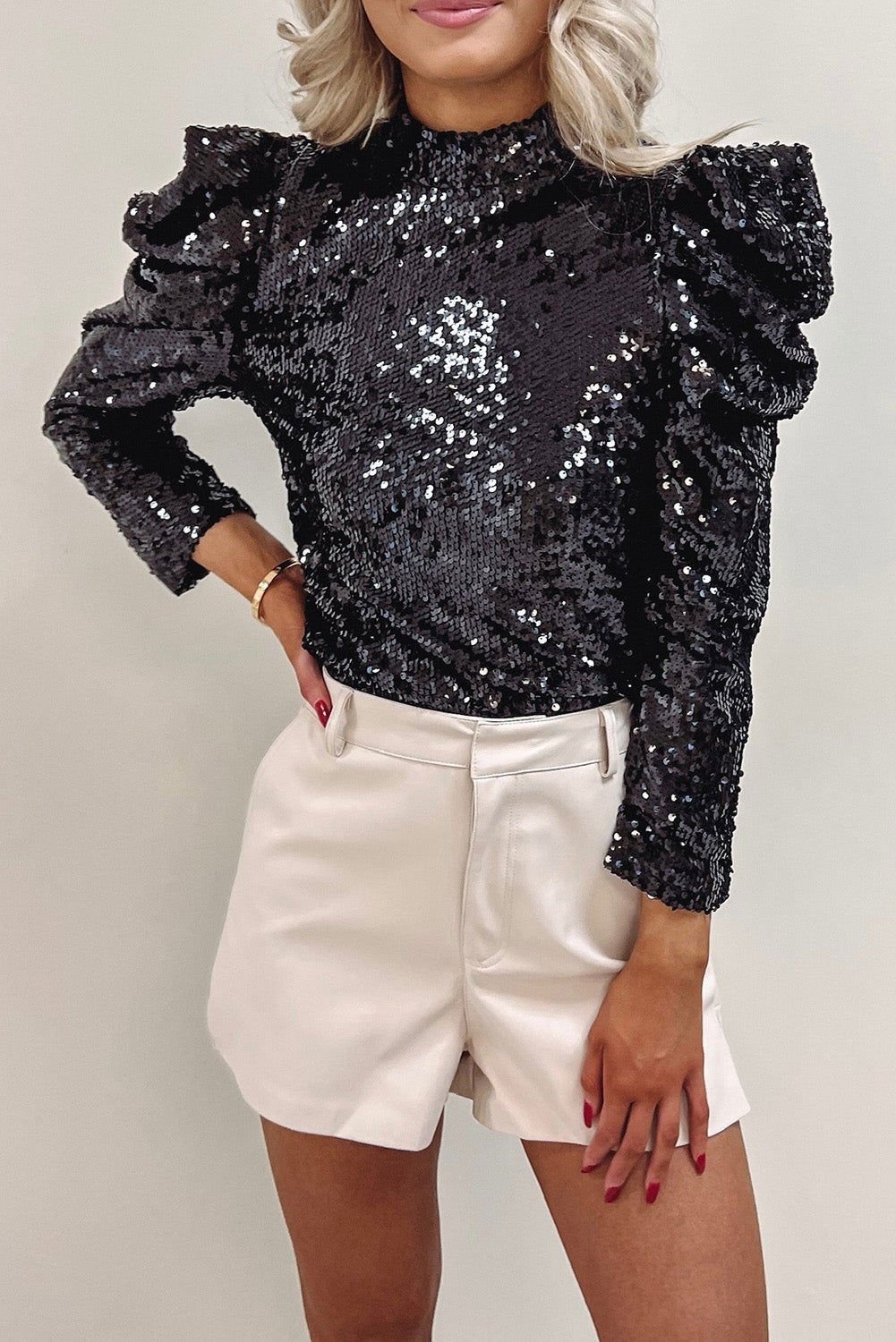 Apricot Sequin Mock Neck Ruched Puff Sleeve Top - Vesteeto