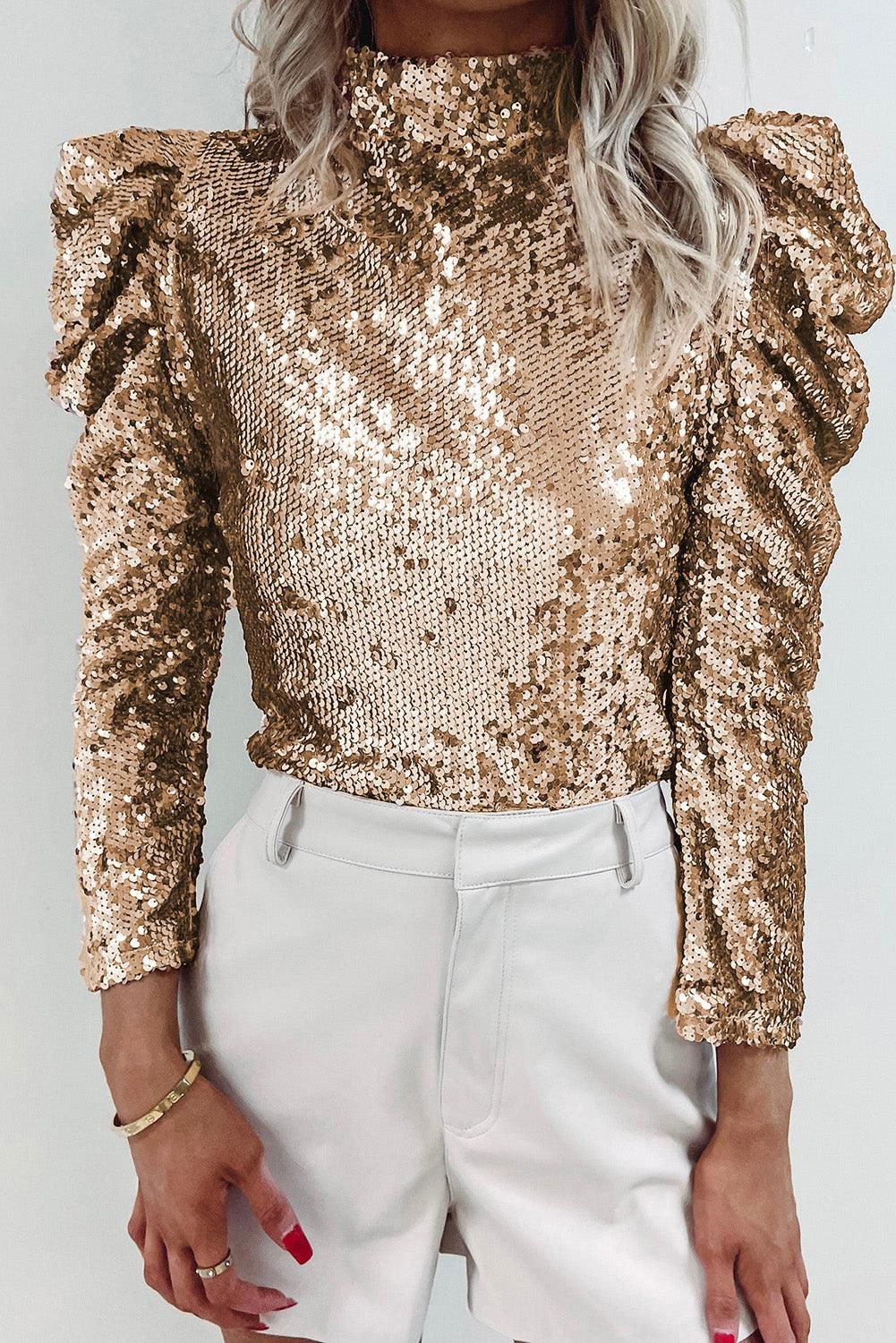 Apricot Sequin Mock Neck Ruched Puff Sleeve Top - Vesteeto