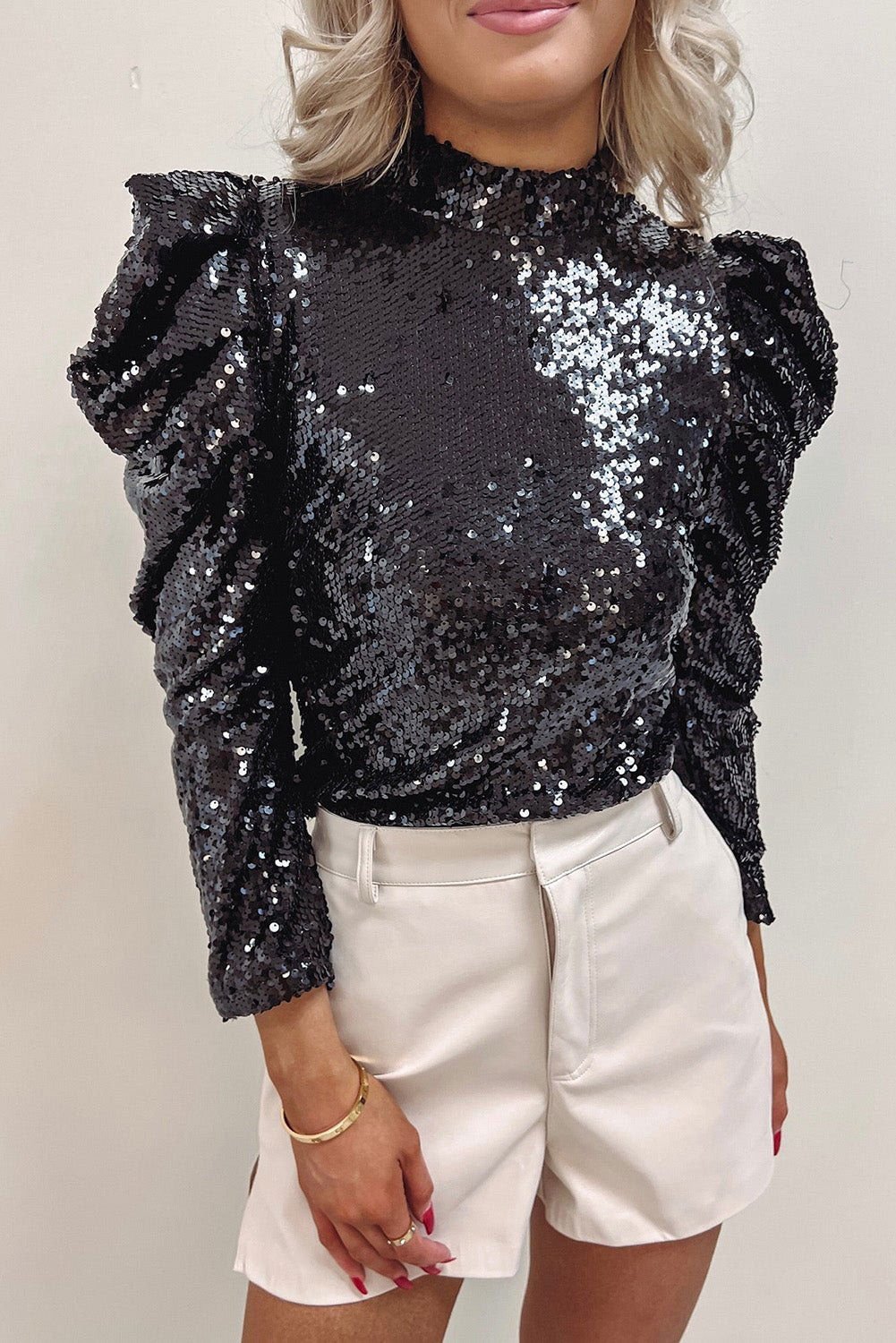 Apricot Sequin Mock Neck Ruched Puff Sleeve Top - Vesteeto