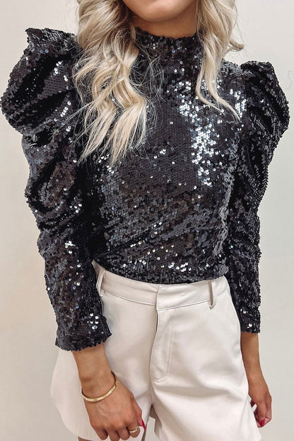 Apricot Sequin Mock Neck Ruched Puff Sleeve Top - Vesteeto