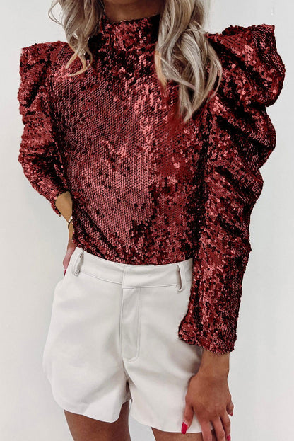 Apricot Sequin Mock Neck Ruched Puff Sleeve Top - Vesteeto