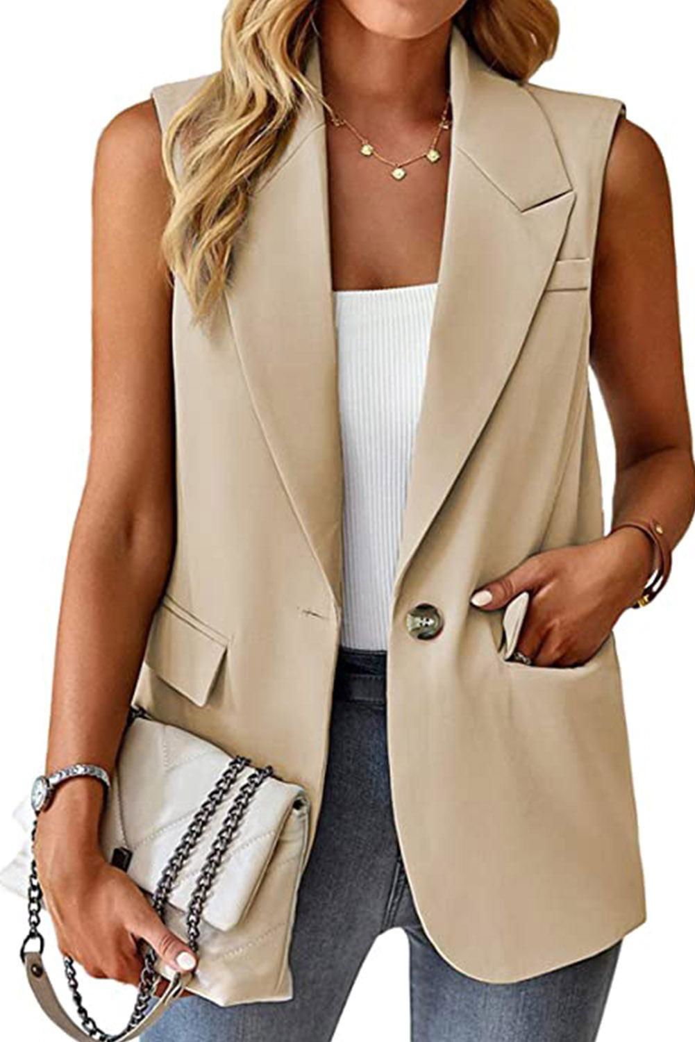 Apricot Single Button Pocketed Lapel Vest Blazer - Vesteeto