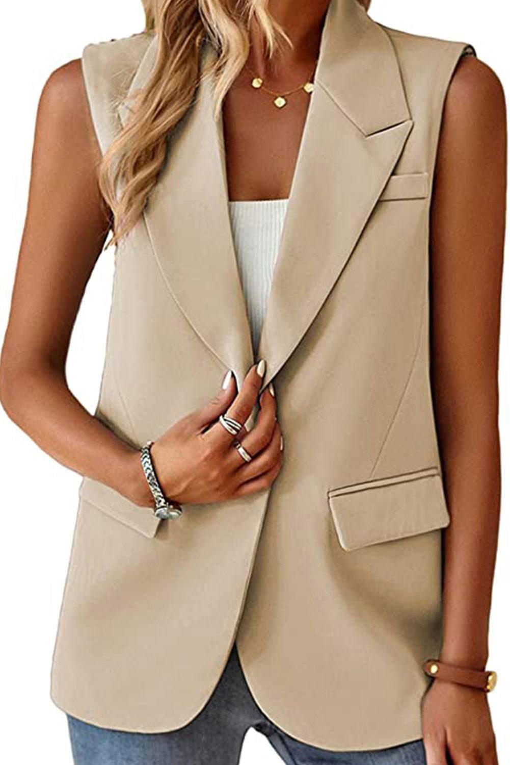 Apricot Single Button Pocketed Lapel Vest Blazer - Vesteeto