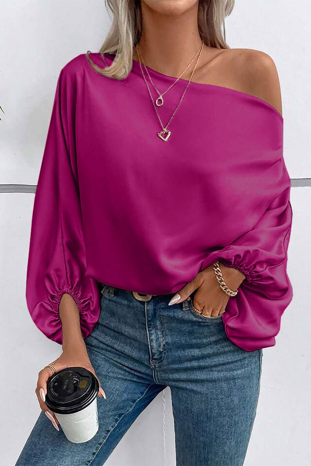 Apricot Solid Color Asymmetrical Neck Lantern Sleeve Blouse - Vesteeto