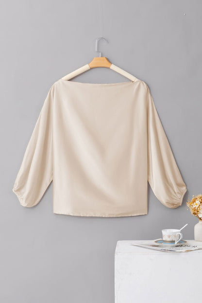 Apricot Solid Color Asymmetrical Neck Lantern Sleeve Blouse - Vesteeto