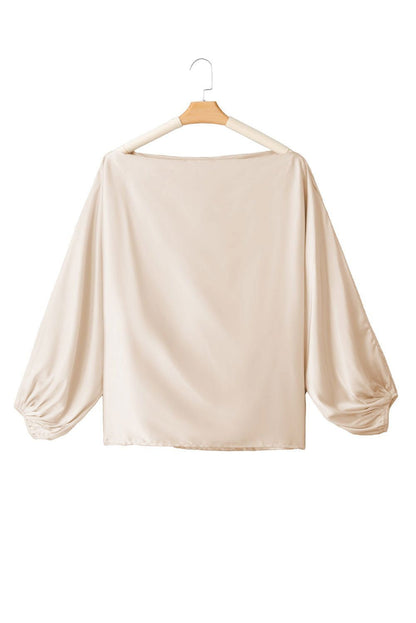 Apricot Solid Color Asymmetrical Neck Lantern Sleeve Blouse - Vesteeto