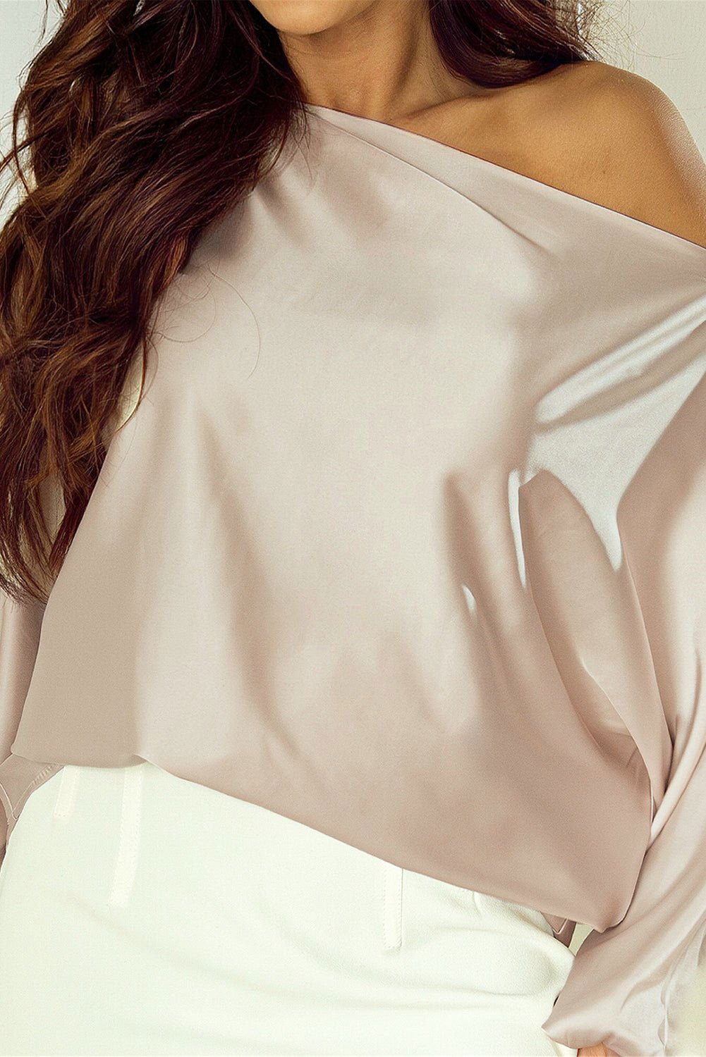 Apricot Solid Color Asymmetrical Neck Lantern Sleeve Blouse - Vesteeto