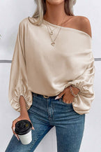 Apricot Solid Color Asymmetrical Neck Lantern Sleeve Blouse - Vesteeto