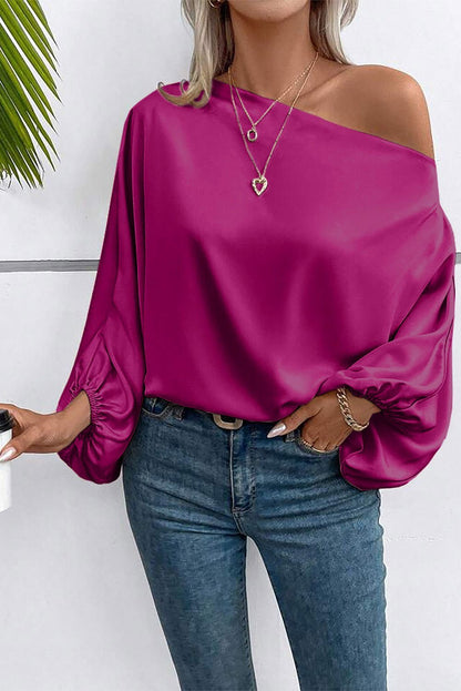 Apricot Solid Color Asymmetrical Neck Lantern Sleeve Blouse - Vesteeto