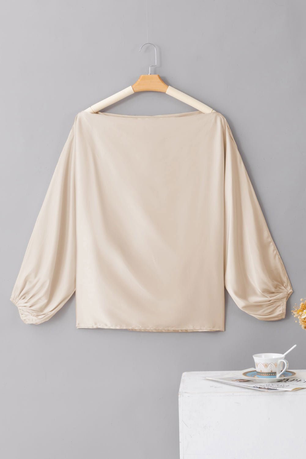 Apricot Solid Color Asymmetrical Neck Lantern Sleeve Blouse - Vesteeto