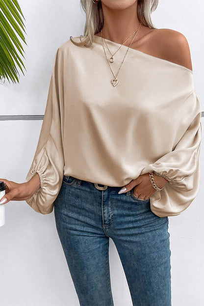 Apricot Solid Color Asymmetrical Neck Lantern Sleeve Blouse - Vesteeto