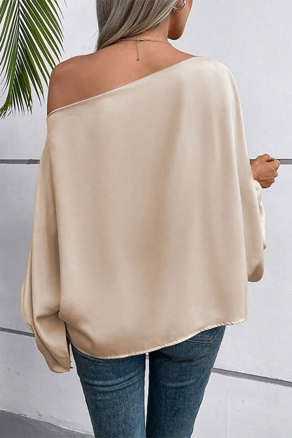 Apricot Solid Color Asymmetrical Neck Lantern Sleeve Blouse - Vesteeto