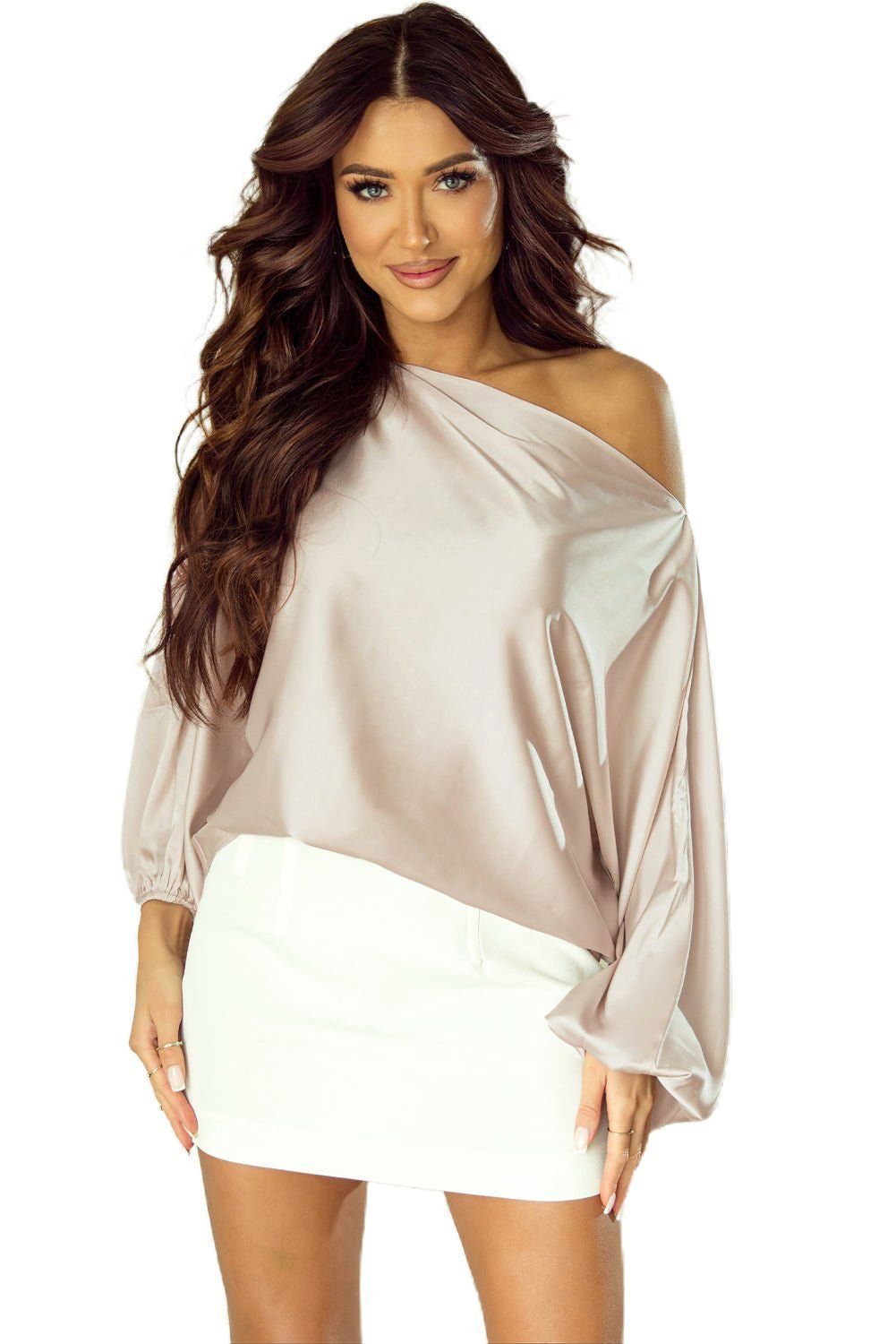 Apricot Solid Color Asymmetrical Neck Lantern Sleeve Blouse - Vesteeto