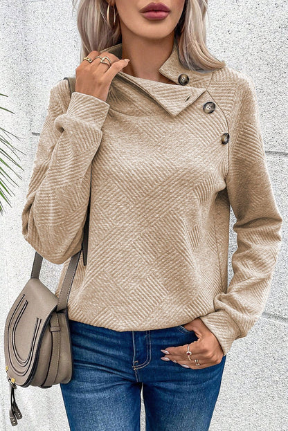 Apricot Solid Color Button Detail Textured Sweatshirt - Vesteeto