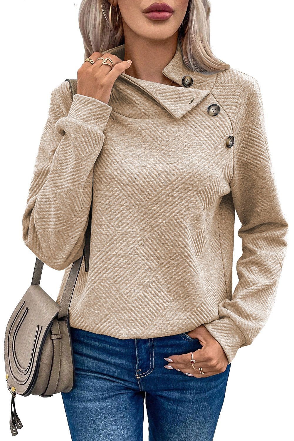 Apricot Solid Color Button Detail Textured Sweatshirt - Vesteeto