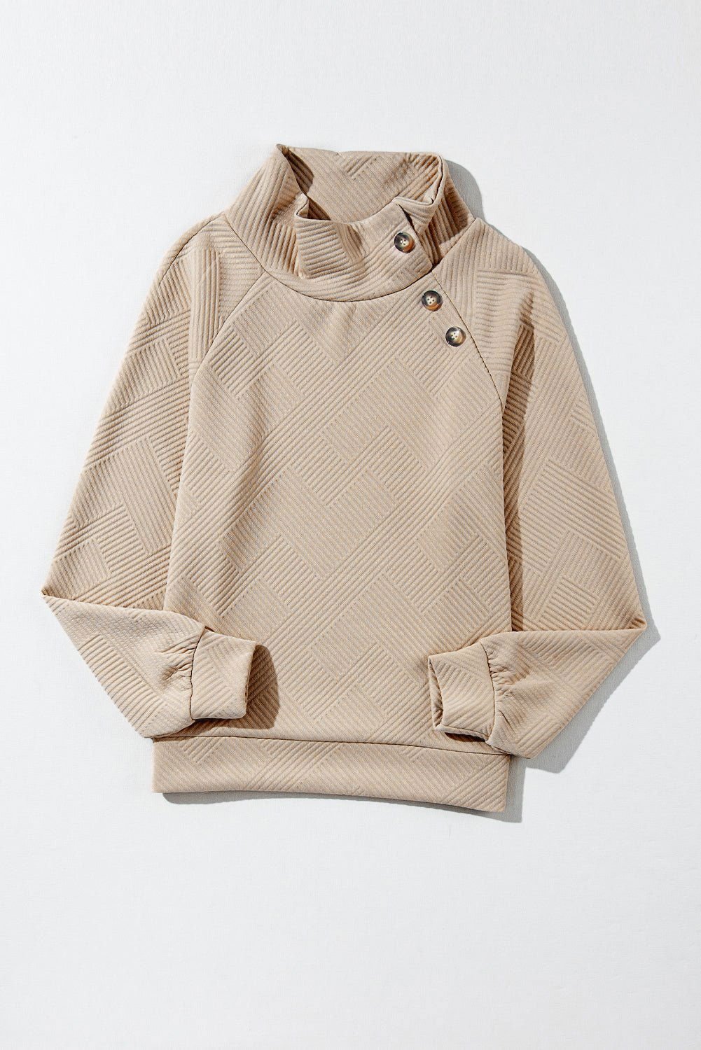 Apricot Solid Color Button Detail Textured Sweatshirt - Vesteeto