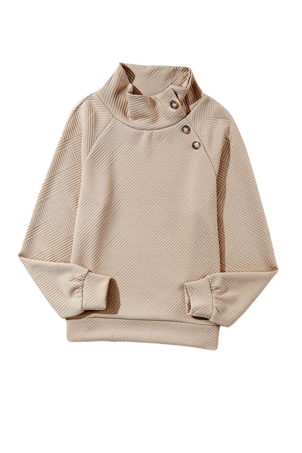 Apricot Solid Color Button Detail Textured Sweatshirt - Vesteeto