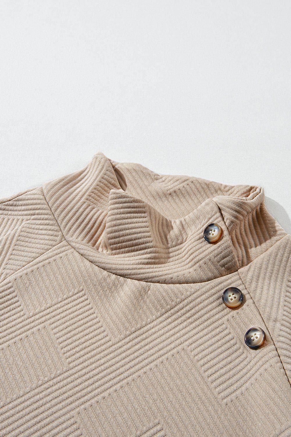 Apricot Solid Color Button Detail Textured Sweatshirt - Vesteeto