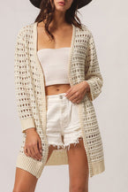 Apricot Solid Color Open Knit Cut Out Cardigan - Vesteeto