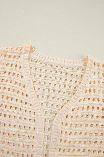 Apricot Solid Color Open Knit Cut Out Cardigan - Vesteeto