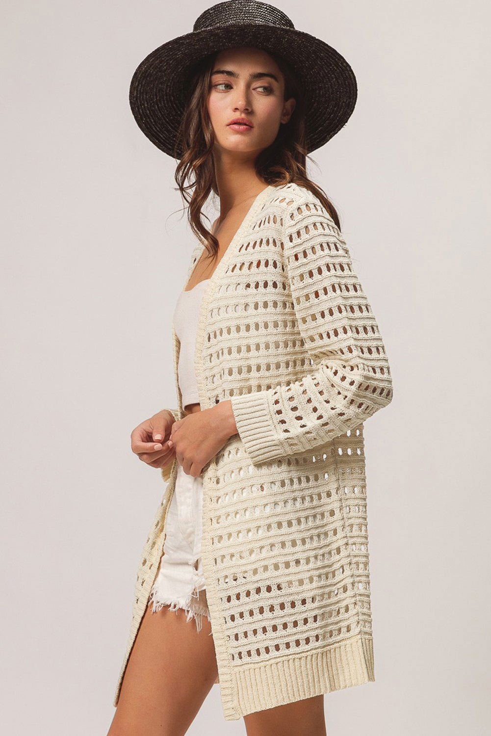 Apricot Solid Color Open Knit Cut Out Cardigan - Vesteeto