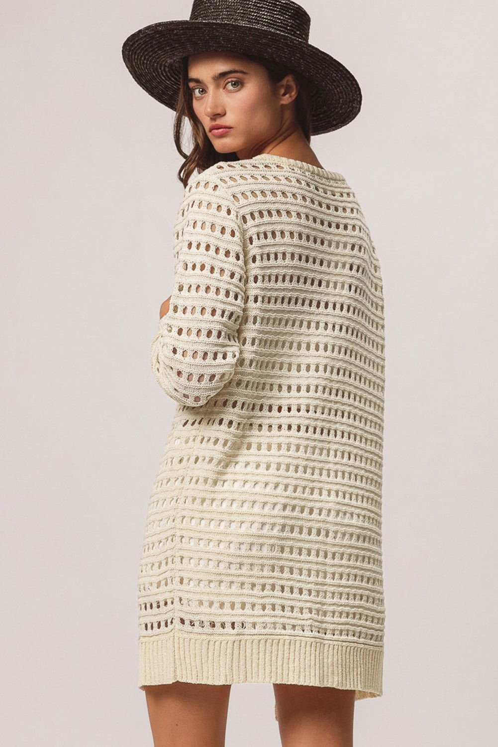 Apricot Solid Color Open Knit Cut Out Cardigan - Vesteeto