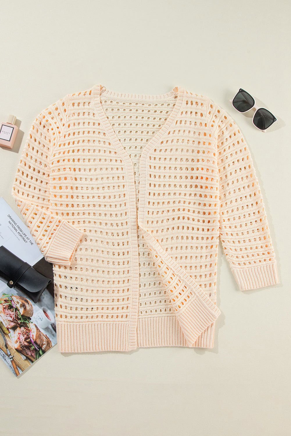 Apricot Solid Color Open Knit Cut Out Cardigan - Vesteeto