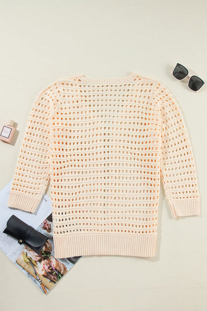 Apricot Solid Color Open Knit Cut Out Cardigan - Vesteeto