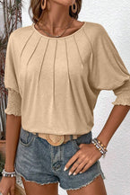 Apricot Solid Color Smocked Cuffs Dolman Blouse - Vesteeto