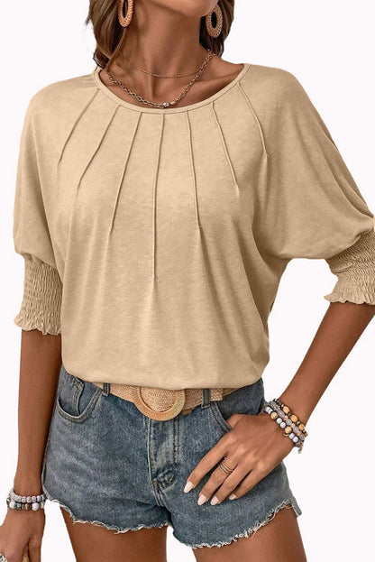 Apricot Solid Color Smocked Cuffs Dolman Blouse - Vesteeto