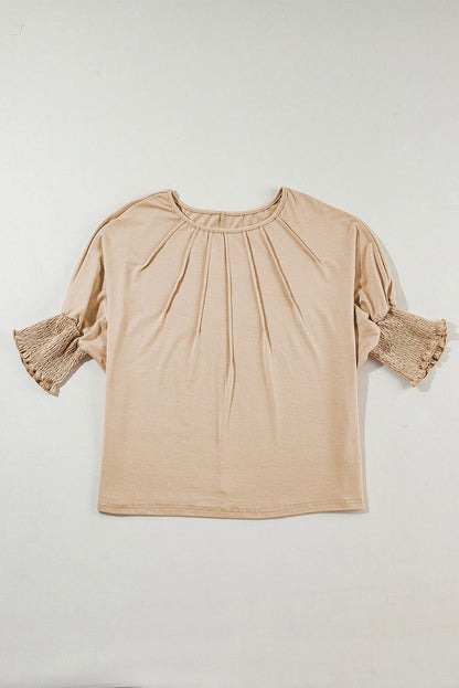 Apricot Solid Color Smocked Cuffs Dolman Blouse - Vesteeto