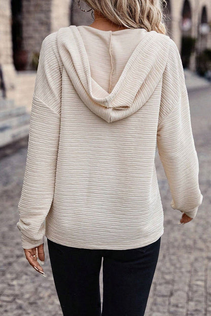 Apricot Solid Color Textured Drawstring Henley Hoodie - Vesteeto