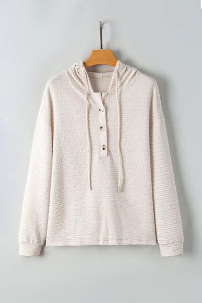 Apricot Solid Color Textured Drawstring Henley Hoodie - Vesteeto