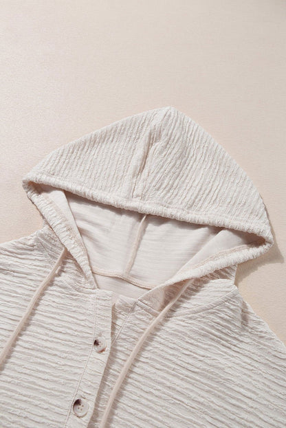 Apricot Solid Color Textured Drawstring Henley Hoodie - Vesteeto