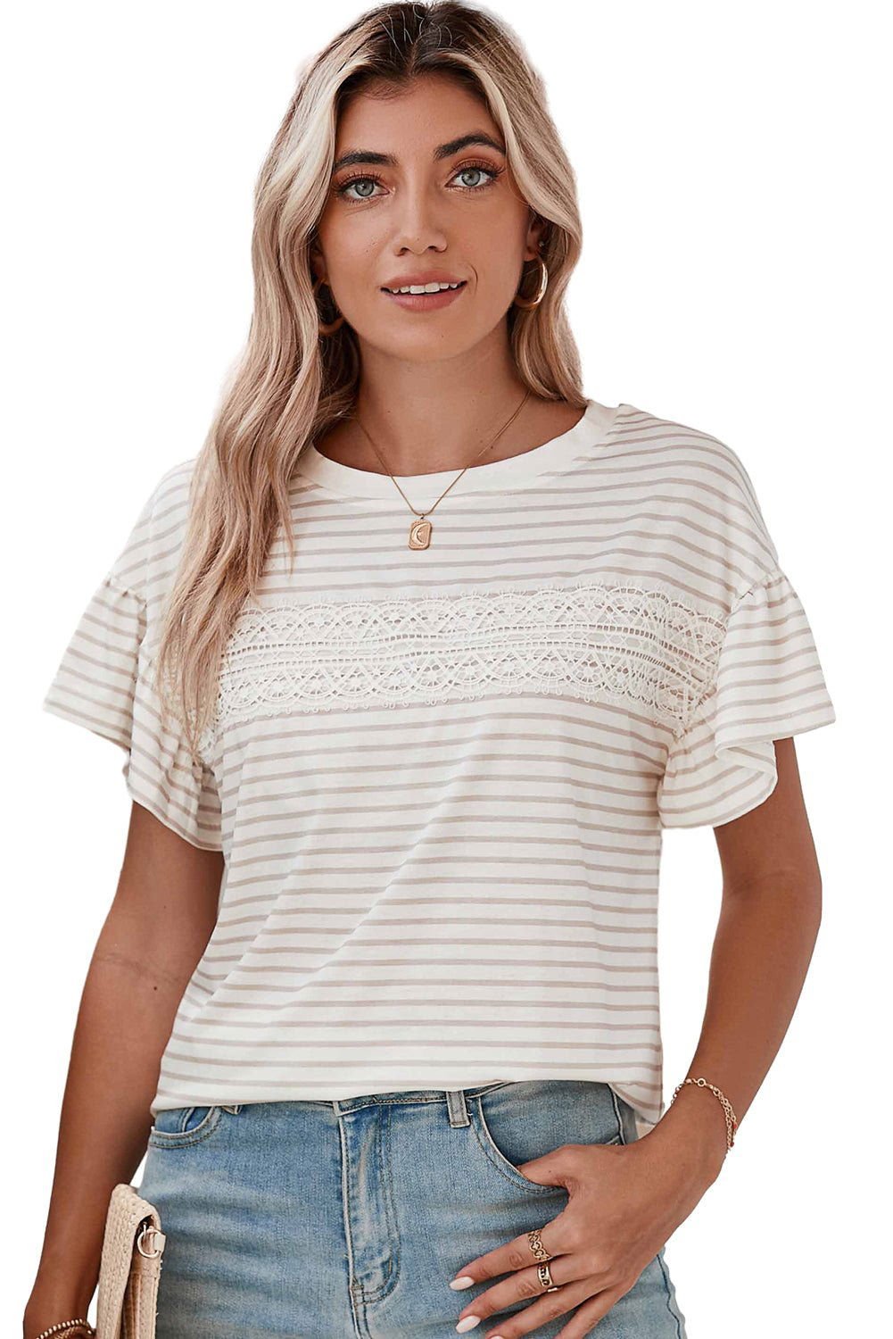 Apricot Striped Lace Splicing Ruffle Sleeve T-shirt - Vesteeto