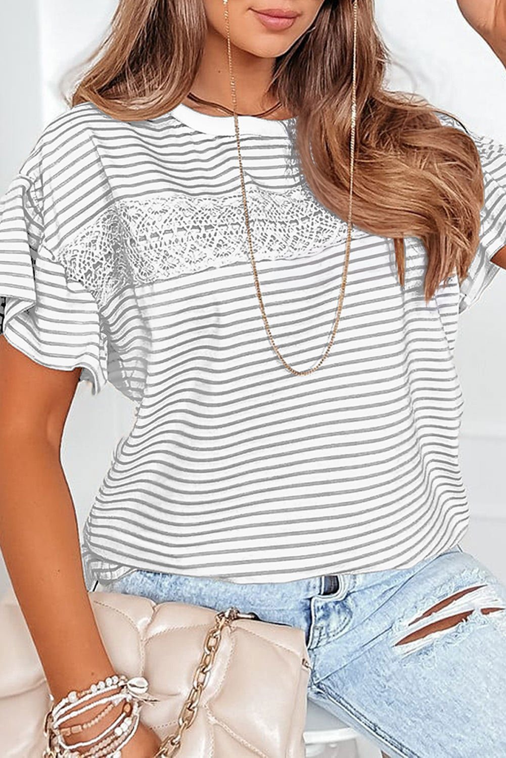 Apricot Striped Lace Splicing Ruffle Sleeve T-shirt - Vesteeto