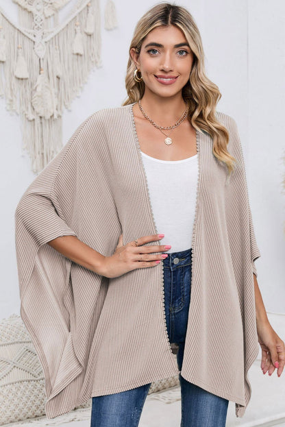 Apricot Textured Lace Trim Open Front Kimono Cardigan - Vesteeto