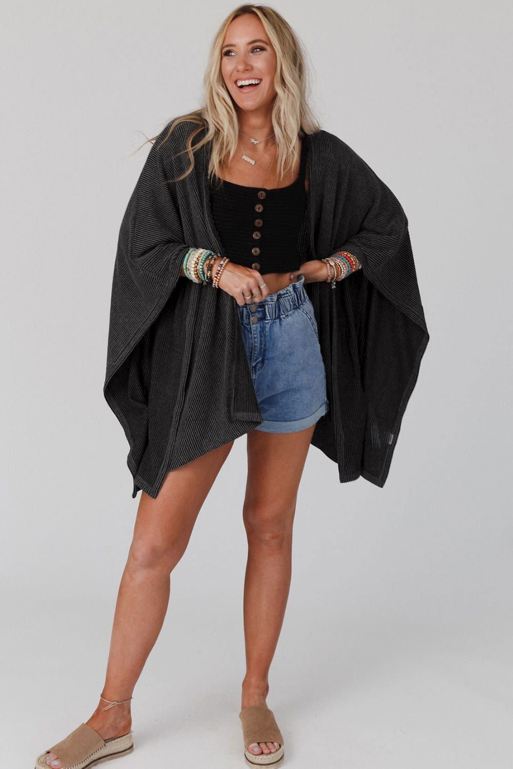 Apricot Textured Lace Trim Open Front Kimono Cardigan - Vesteeto