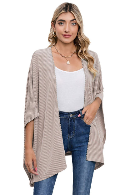 Apricot Textured Lace Trim Open Front Kimono Cardigan - Vesteeto