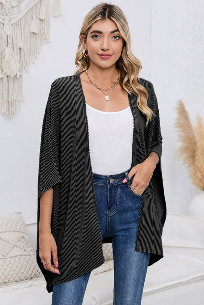 Apricot Textured Lace Trim Open Front Kimono Cardigan - Vesteeto