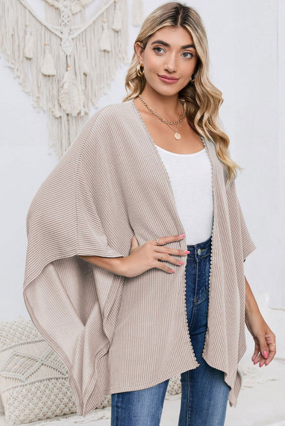 Apricot Textured Lace Trim Open Front Kimono Cardigan - Vesteeto