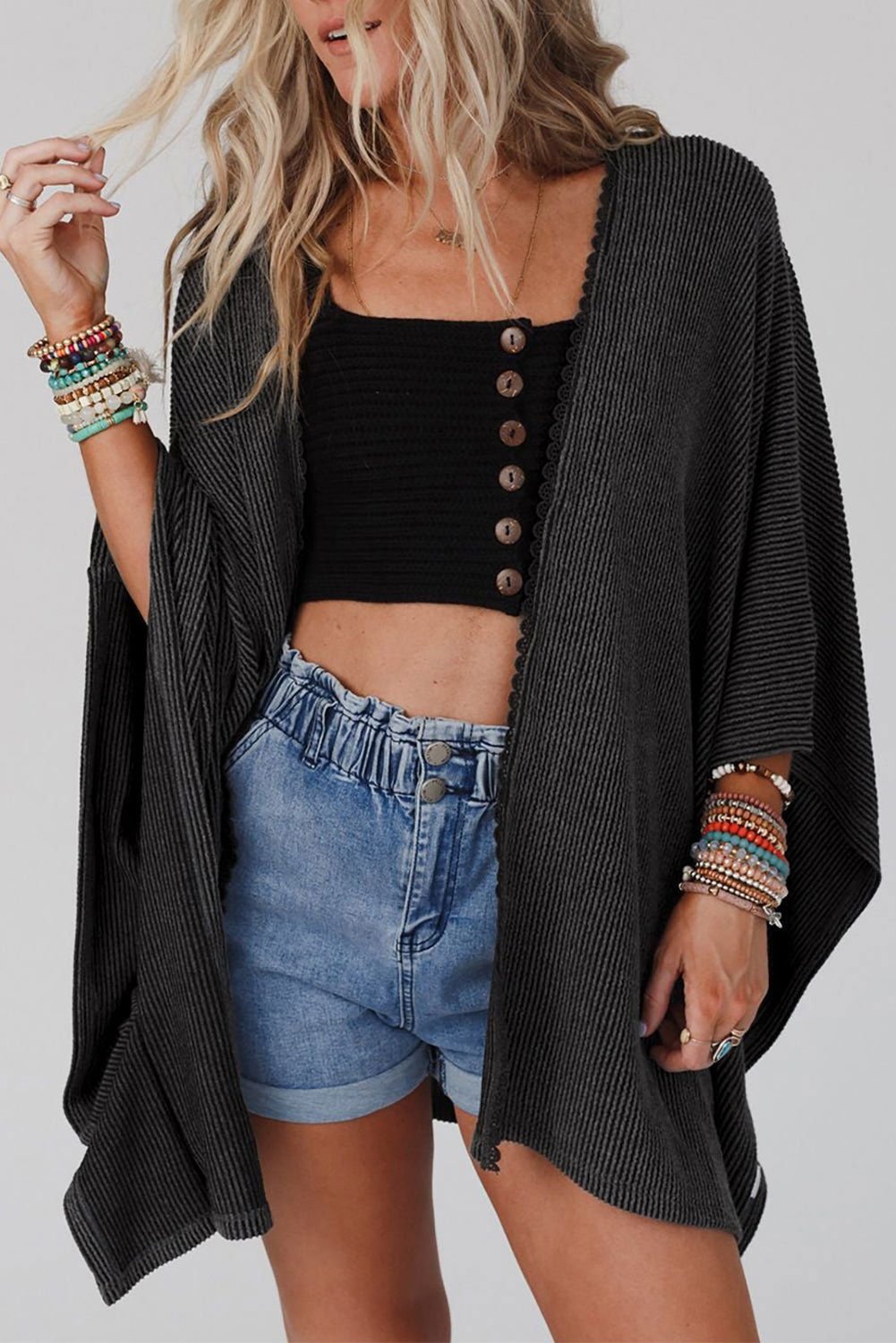 Apricot Textured Lace Trim Open Front Kimono Cardigan - Vesteeto