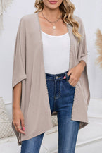 Apricot Textured Lace Trim Open Front Kimono Cardigan - Vesteeto