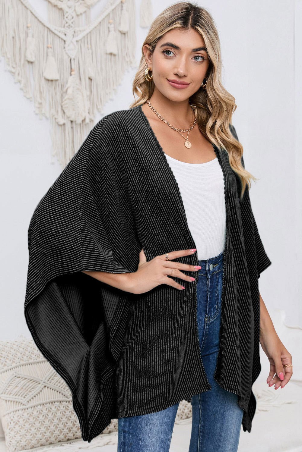 Apricot Textured Lace Trim Open Front Kimono Cardigan - Vesteeto